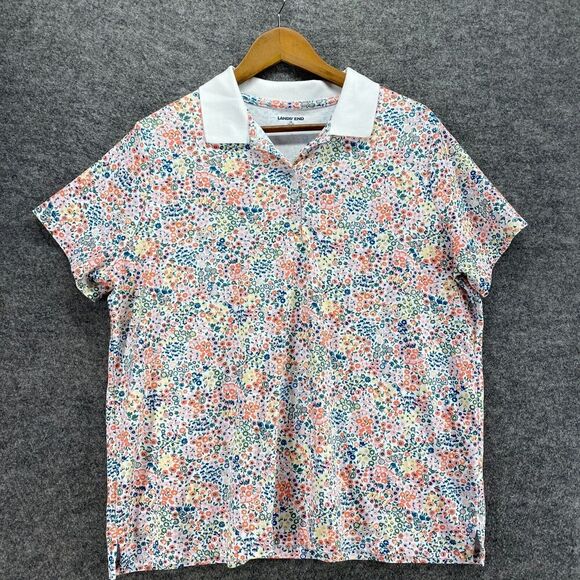Lands' End Polo Shirt Women 1X Plus White Floral 1/2 Button Collared Cotton - Picture 3 of 9